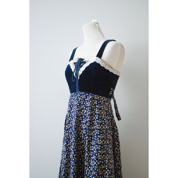 1970’s Gunne Sax Calico Velveteen Prairie Maxi Sundress - Picture 4 of 9